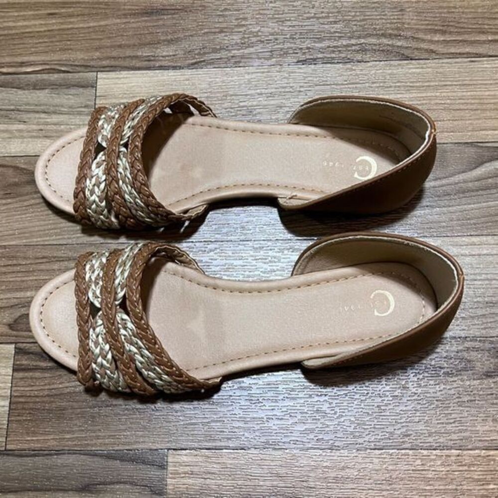 Cato Women’s Braided Straps Slip‎ On Flat Sandals Brown Gold Size 8 - Picture 5 of 8